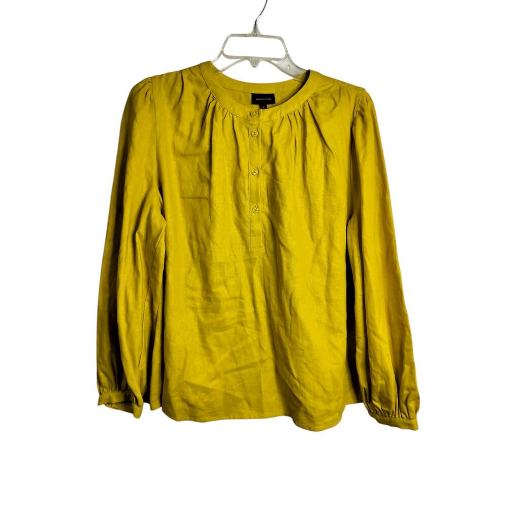 5578)Who What Wear L Chartreuse Yellow Peasant Linen Blend Button Front Blouse - Picture 1 of 8